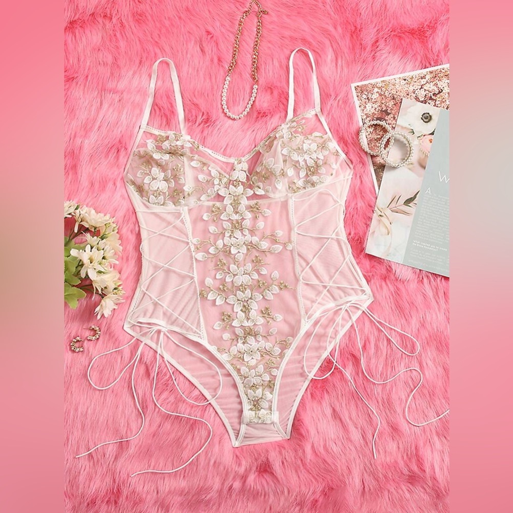 Embroidered Mesh Lace-Up Teddy Bodysuit